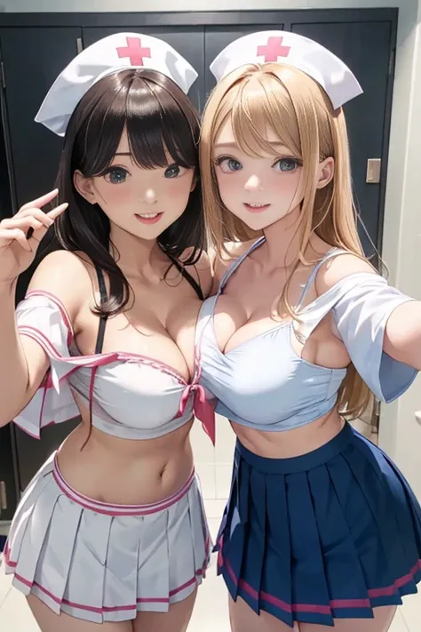 realistic, Selfie of two girls, close contact with both breasts,, bikini、off shoulder、nurse uniform、uniform、pleated mini skirt、cleavage emphasis、Lower milk is visible、Side breasts are visible、big breasts, smile、The belly button is visible、bold pose、accurat...