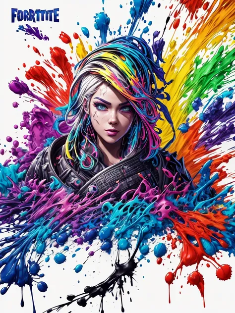 splash art, Fortnite style, portrait poster, ((White background)), ((Colorful ink splash style:1.5)), contour,Super detailed complex detailed, Unreal Engine,fantastic, intricate details, splash screen, complementary colors, fantasy concept art, 8K resoluti...