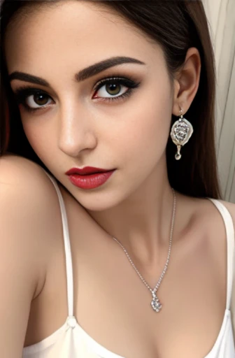 Lebanese woman, diamond dangling earrings, necklace, bracelets, small breasts, 40 years old, smokey eyes, cleavages, red lips, innocent face, white home tank top, thin straps, camisole 