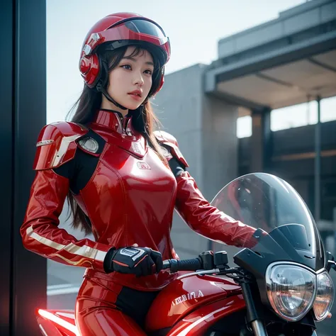 Highest image quality, Excellent details, ultra high resolution, (realism: 1.4), best illustrations, Offer details, Highly concentrated 1girl, Has a delicate and beautiful face, Wearing red mecha, wearing a mech helmet, holding direction controller, riding...