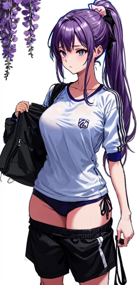 A beautiful woman with a mature face and long wisteria-purple hair tied in a ponytail with a pale pink ribbon.。White gym clothes。dark blue buruma。