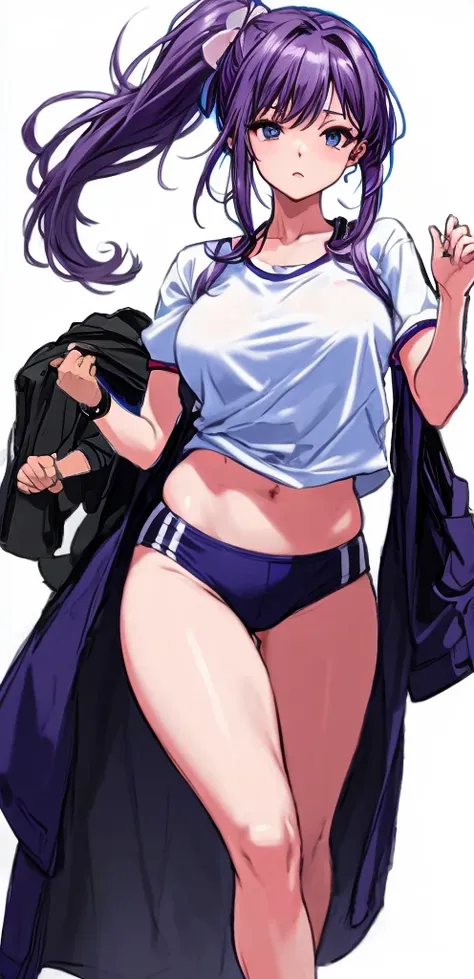 A beautiful woman with a mature face and long wisteria-purple hair tied in a ponytail with a pale pink ribbon.。White gym clothes。dark blue buruma。mouth open。school gymnasium。