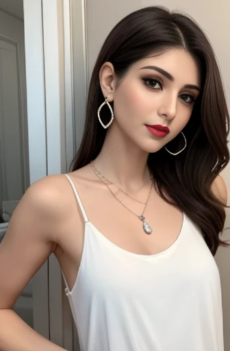 Lebanese woman, diamond dangling earrings, necklace, bracelets, small breasts, 40 years old, smokey eyes, red lips, innocent face, white home tank top, thin straps, camisole, pants, shirt