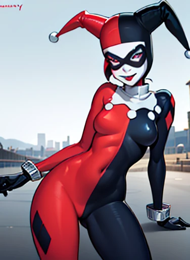 (HarleyWaifu shooting a gun:1), (blue eyes, mask, domino mask, hat, bodysuit, jester cap, makeup, facepaint, gloves), (makeup), curvy, looking at viewer, evil smile, :D, leaning forward, cute pose, from below,
(detailed landscape, bank, moeny, dollars:1.2)...