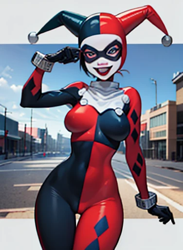 (HarleyWaifu shooting a gun:1), (blue eyes, mask, domino mask, hat, bodysuit, jester cap, makeup, facepaint, gloves), (makeup), curvy, looking at viewer, evil smile, :D, leaning forward, cute pose, from below,
(detailed landscape, bank, moeny, dollars:1.2)...