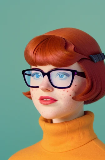 (old color photo) of velmadinkley, glasses,freckles,analog style, modelshoot style, 35mm, vignette, intricate detail, film grain...