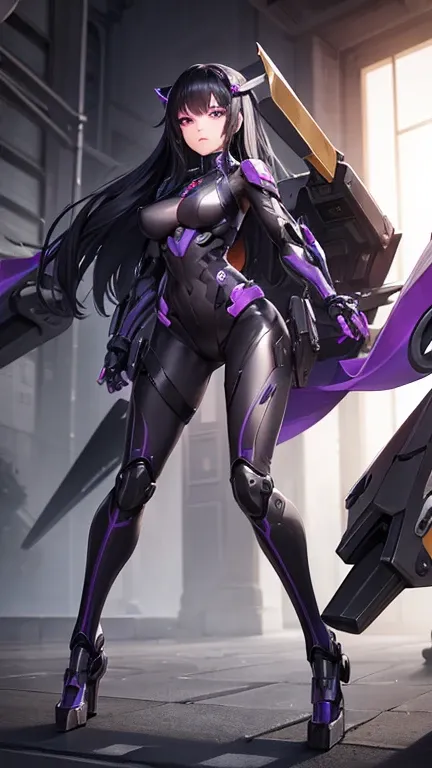 mechanical foot, black and purple eyes, breast, long black hair, Cyborg, mech, full body, mechanical arms, (detailed hands and fingers)
