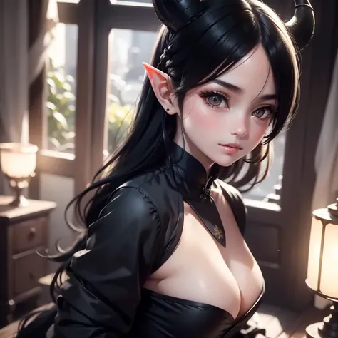 1 elf girl, black hair wears the traditional Chinese “ox horns” hairstyle, black eyes, thin lips, eyes with yellow pupils, small breasts, wearing a black maid outfit