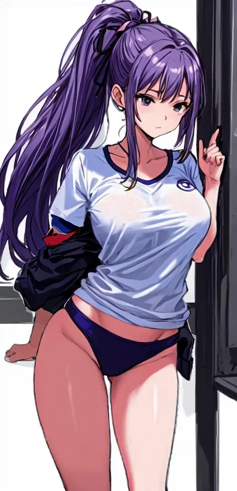 A beautiful woman with a mature face and long wisteria-purple hair tied in a ponytail with a pale pink ribbon.。White gym clothes。dark blue buruma。