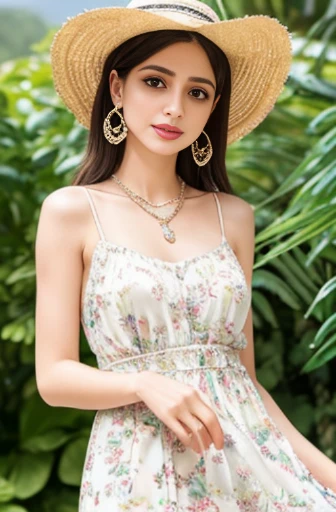 Lebanese woman, diamond dangling earrings, necklace, bracelets, small breasts, 40 years old, innocent face, floral dress, sophisticated fabric, flowing skirt, straw hat