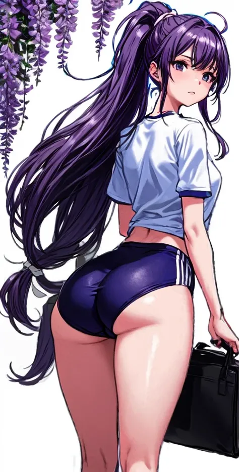 A beautiful woman with a mature face and long wisteria-purple hair tied in a ponytail with a pale pink ribbon.。White gym clothes。dark blue buruma。