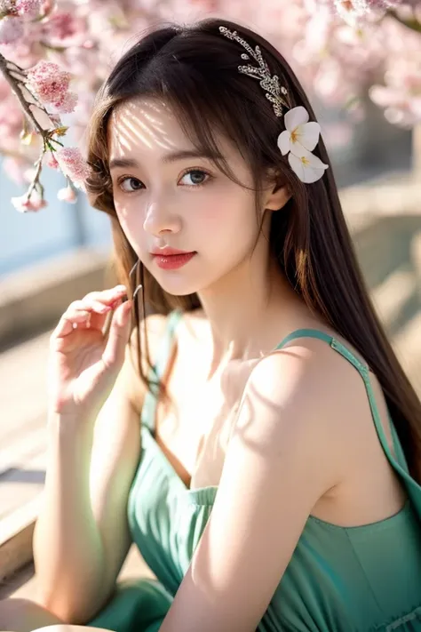 There&#39;s a girl wearing a green dress, Plum blossom, palace, oriental architecture ray tracing, {highest quality}, {{masterpiece}}, Highly detailed 8K wallpaper, {very delicate and beautiful}, colorful, intricately detailed, realistic, genuine, Camera q...