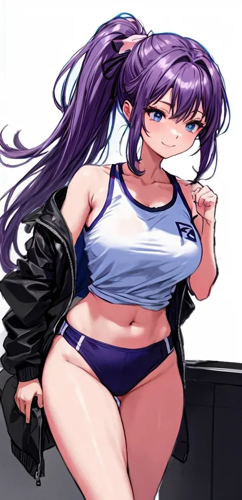 A beautiful woman with a mature face and long wisteria-purple hair tied in a ponytail with a pale pink ribbon.。White gym clothes。dark blue buruma。smiling fearlessly。