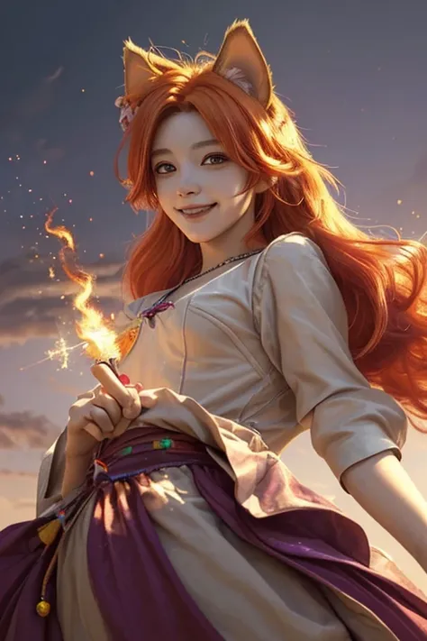 A young man doing fire magic, multicolored hair, cloud hair, hair flower, jewelry, sparkling eyes, animal ears, smile, excited, Realism, anime style, close-up, from below, masterpiece, high details