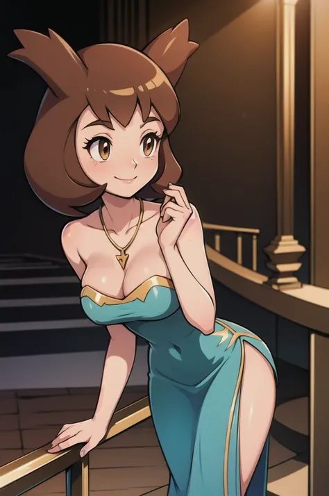 Bianca (pokemon heroes), 1 girl, brown hair, brown eyes, Bare Neck, Bare Arms, Bare Shoulders, A golden heart shape necklace, Sequin Dress, Blue Sequin Strapless Maxi Dress Long Skirt, Royal Ballroom Background, staircases, light smile, intricate details, ...