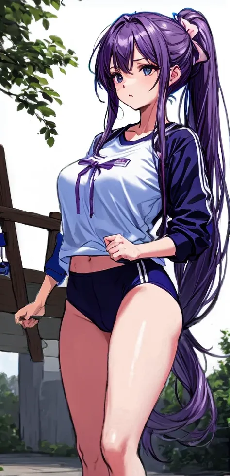 A beautiful woman with a mature face and long wisteria-purple hair tied in a ponytail with a pale pink ribbon.。White gym clothes。dark blue buruma。school playground。