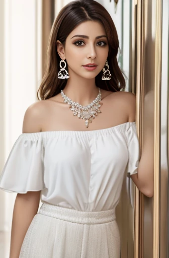 Lebanese woman, diamond dangling earrings, necklace, bracelets, small breasts, 40 years old, innocent face, white off-shoulder, pants, shirt