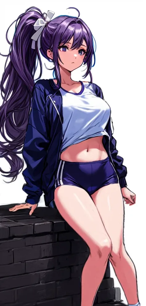 A beautiful woman with a mature face and long wisteria-purple hair tied in a ponytail with a pale pink ribbon.。White gym clothes。dark blue buruma。school playground。Stand with your legs wide spread。