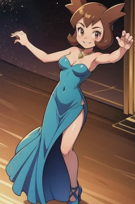 Bianca (pokemon heroes), 1 girl, brown hair, brown eyes, Bare Neck, Bare Arms, Bare Shoulders, A golden heart shape necklace, Sequin Dress, Blue Sequin Strapless Maxi Dress Long Skirt, Royal Ballroom Background, dance floor, light smile, intricate details,...