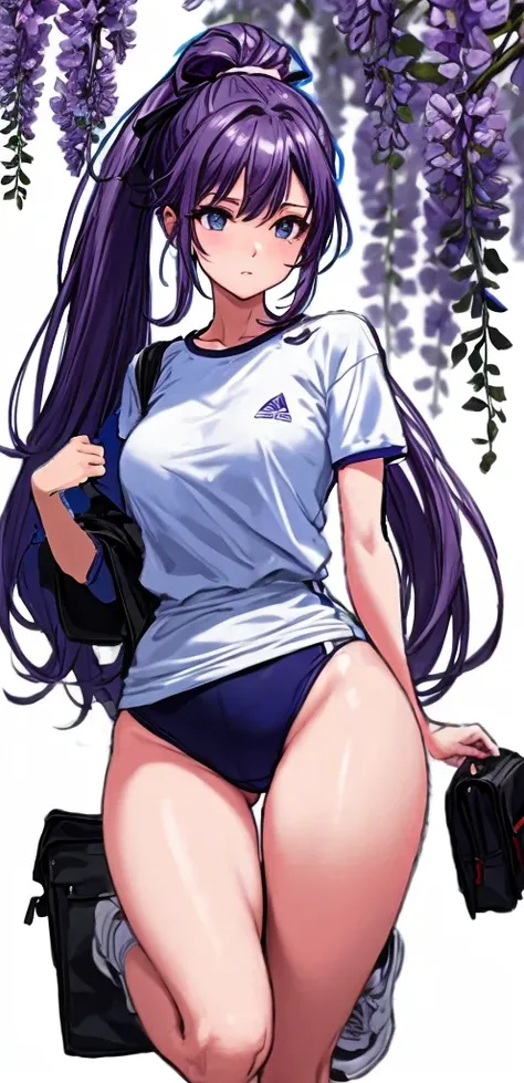 A beautiful woman with a mature face and long wisteria-purple hair tied in a ponytail with a pale pink ribbon.。White gym clothes。dark blue buruma。school playground。legs spread wide。