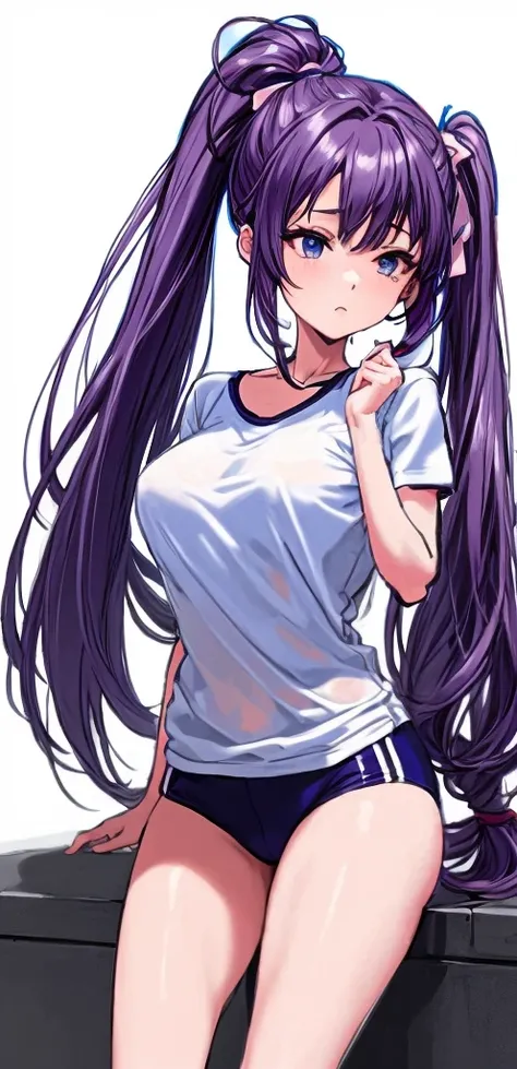 A beautiful woman with a mature face and long wisteria-purple hair tied in a ponytail with a pale pink ribbon.。White gym clothes。dark blue buruma。school playground。legs spread wide。