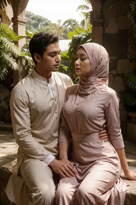 (masutepiece), (best quality), realistic, photorealism, romantic couple, white muslim cloth. malay men 30 years old with peci we...