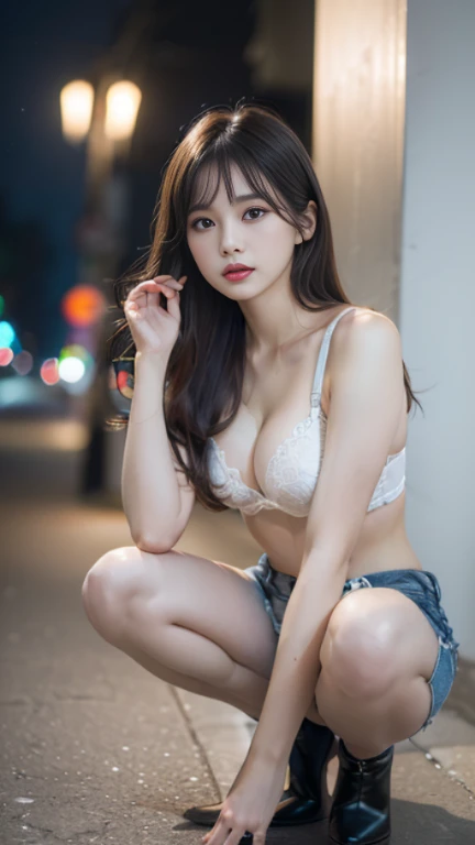 (((Highly detailed CG unit 8k wallpaper, masterpiece, High resolution, highest quality))), ((Beautiful woman, Model-like posture, acrobatic pose,backwards,squat,grunge fashion, bra wear:1.2,Very short distressed denim bootie shorts), ((highly detailed face...