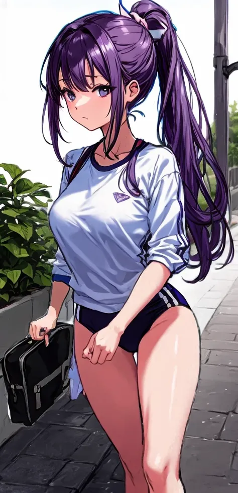 A beautiful woman with a mature face and long wisteria-purple hair tied in a ponytail with a pale pink ribbon.。White gym clothes。dark blue buruma。Standing in the school playground with legs spread wide。