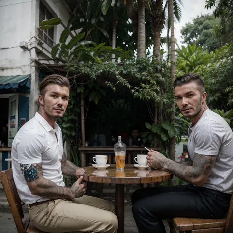 Photo of 2 men, a man in his 30s sitting next to football player David Beckham at a roadside cafe in Vietnam, surreal image, detailed facial expressions, full hd, 8k