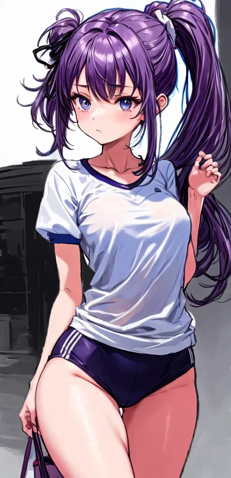 A beautiful woman with a mature face and long wisteria-purple hair tied in a ponytail with a pale pink ribbon.。White gym clothes。dark blue buruma。school playground。