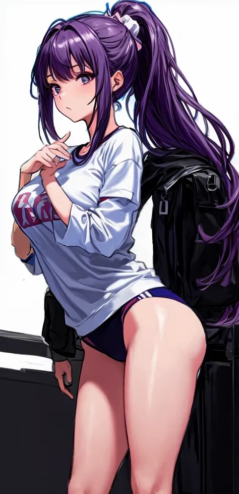 A beautiful woman with a mature face and long wisteria-purple hair tied in a ponytail with a pale pink ribbon.。White gym clothes。dark blue buruma。school playground。legs spread wide。