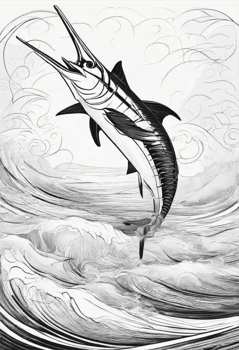 line art, black in white, a big blue marlin swimming with the waves.