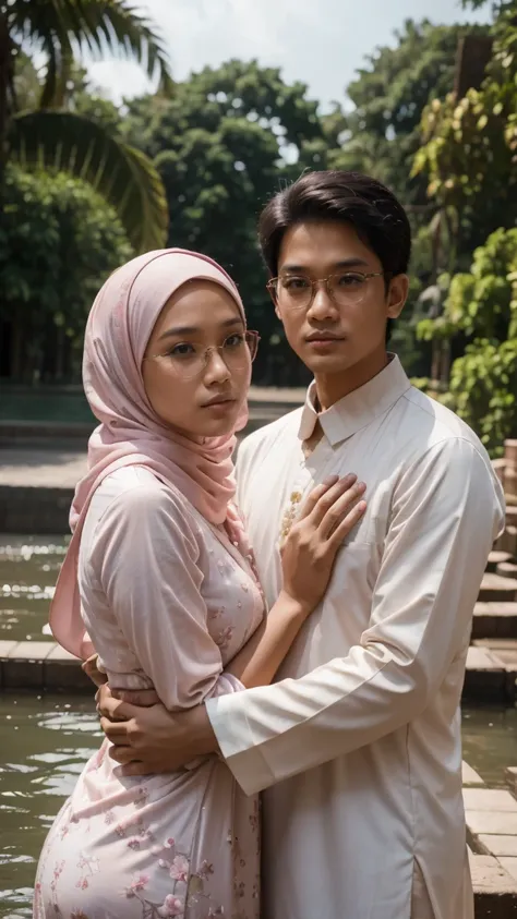 romantic couple photo shoot, wear white and soft pink muslim cloth. 1 matured malay men 30 year with eyeglass wear muslim cloth ...