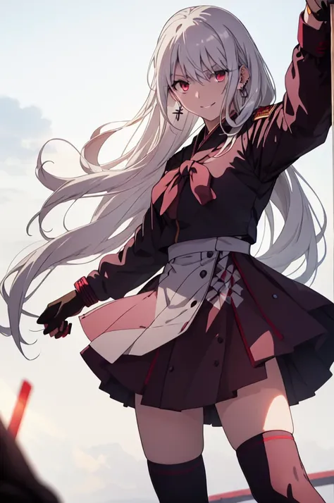 sukeban illyasviel_von_einzbern, mature_female, silver hair, holding yoyo, combat pose, full body, flowing hair, hair between the eyes, asymmetrical hair, red eyes, delicate facial features, sukeban deka clothe, looking_at_viewer, outdoors, background toky...