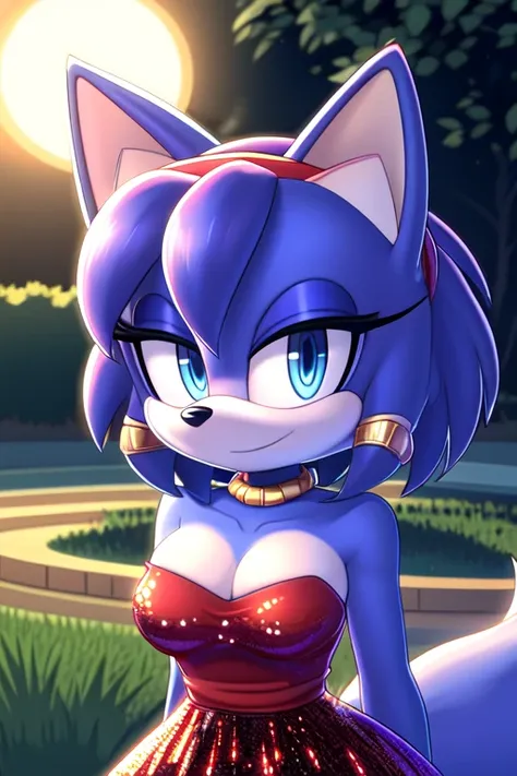 Krystal The Fox, Blue Skins, Short Hair, Yellow Hairband, Beautiful Blue Eyes,, Red Dress, Strapless Dress, Medium Breast, Long Red Sequin Dress, Jewelry, Park Garden, Night, Stars, Looking at Viewer, standing, headshot, 2D illustration, 2D style