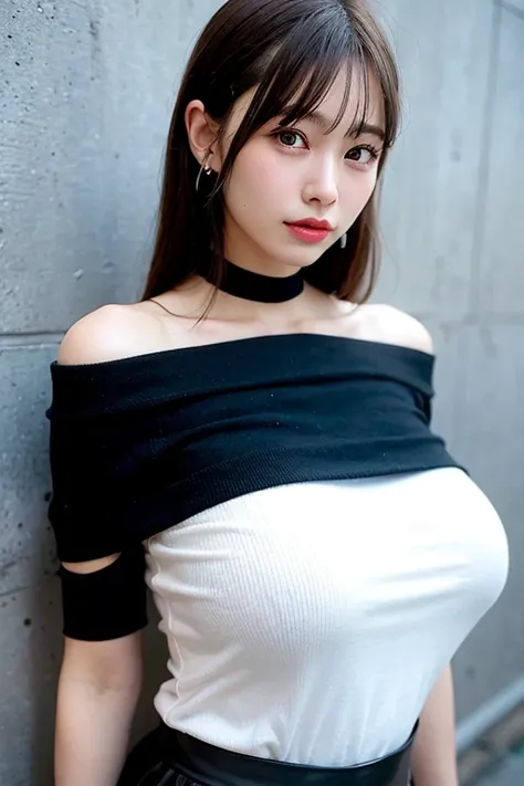 highest quality, ultra high resolution, (realistic:1.4), 1 girl, off shoulder white shirt, black tight skirt, black choker, (faded gray hair:1), (huge breasts:1.2), looking at the viewer, close ,