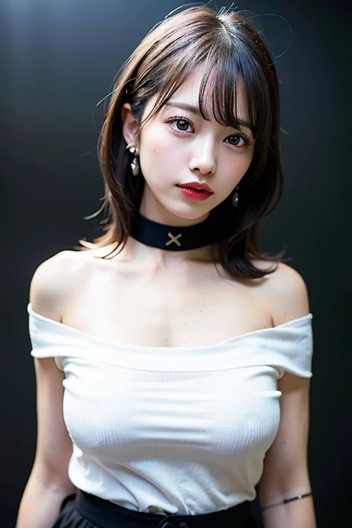 highest quality, ultra high resolution, (realistic:1.4), 1 girl, off shoulder white shirt, black tight skirt, black choker, (faded gray hair:1), (huge breasts:1.2), looking at the viewer, close ,