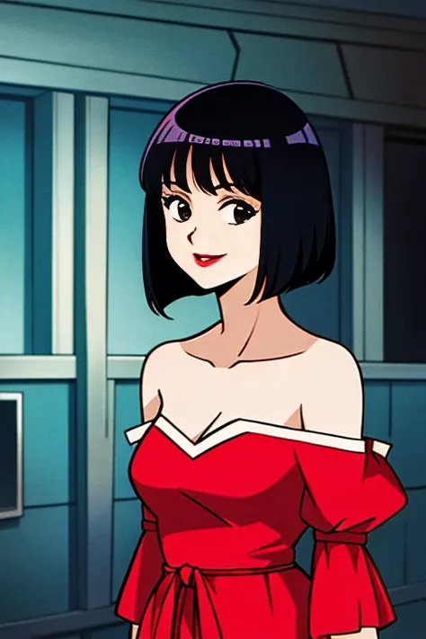 A Female with short black hair, bob cut, black eyes, Red lips, strapless, orange flamenco dress, shortsleeved orange ruffle off the shoulder top, black maxi skirt, bare shoulders, standing in a indoor room in style of digital illustration, anime, 1 girl, s...