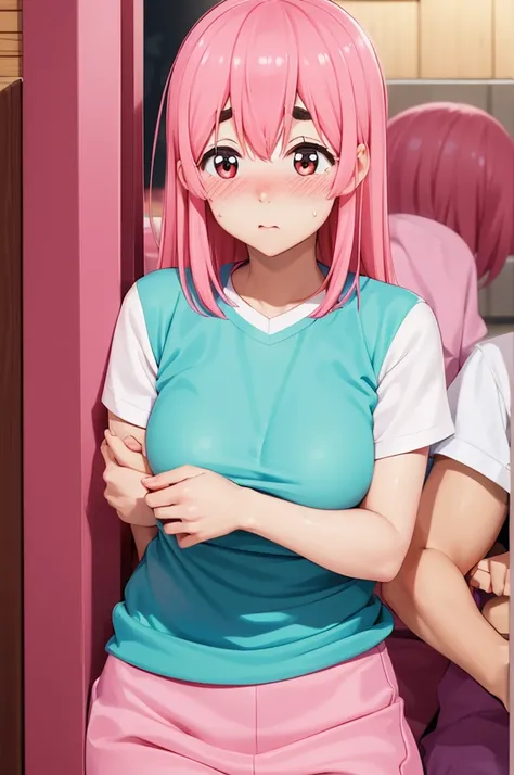 (((perfect pixels, perfect details))), alone, 1 girl, sumi sakurasawa, pink compression shirt, looking, blushing, embarrassed , blushing, short compression shirt, pink, blush, big breasts, pink hair, park, stading