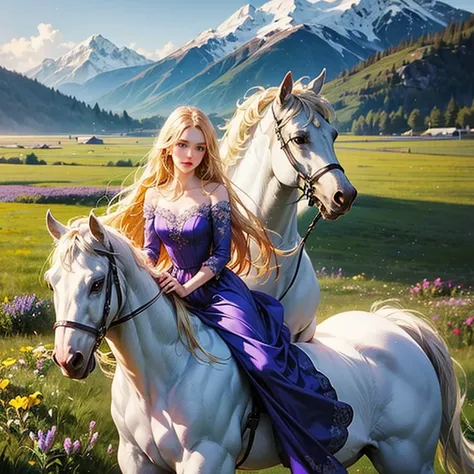 18 year old girl with long hair, Riding a white horse, grassland, wild flowers, snow mountain. Purple dress, pink ribbon on the chest, long blonde hair、green eyes