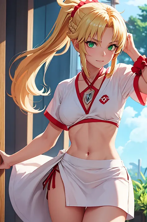 1 girl, fgomordred, modred, (green eyes:1.5), blonde hair, ponytail, short hair, scrunchie, red scrunchie, hair scrunchie, (small chest:1.2), BREAK blonde hair, white nurse,nurse, stading, BREAK looking at viewer, BREAK bedroom, BREAK (masterpiece:1.2), be...