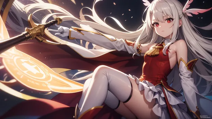 Illyasviel von Einzbern, blonde hair, hair between eyes, long hair, (red eyes:1.5),
 boots, Detached sleeves, , white gloves, white skirt, absolute chance,There is a time circle behind it，Red one shoulder cape
(masterpiece:1.2), best quality, high resoluti...