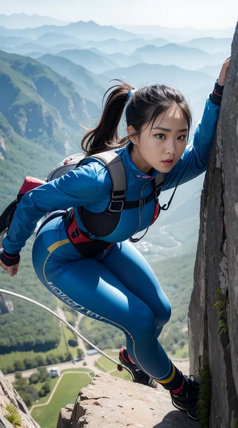 octane render, 16k resolution, realistic, realism,   gopro camera SIDE BOTTOM shot, wide lens, a beautiful full figured Korean woman climber, brown pony tail hair,  rock climber, jumping down, on a rock mountain , climbing ropes and gears, wearing mountain...