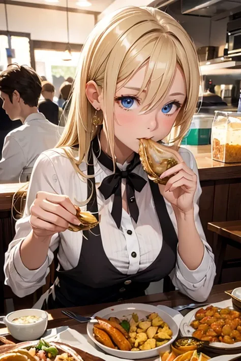 (8K), (best quality), (muste piece: 1.2)　Cute blonde American woman eating fried oysters　canteen　Delicious and surprised expression