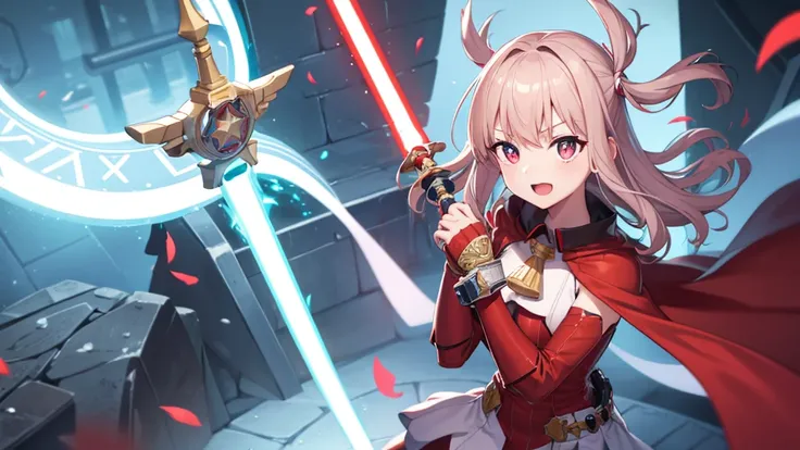 A cool little girl，red pupils，Red one shoulder cape，There is a time circle behind it，The power of the king，Hero King，Holding a giant lightsaber，saber，Sword of Oath Victory，The Supreme God