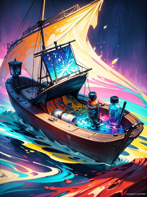 (splash art:1.2), Floral oil painting, Ink dripping, Fortnite style, 1 beautiful navigator, Boat, sea, (Colorful ink splatter style:1.5), (extremely colorful, best quality, detailed details, masterpiece, official art, Lighting effects, 8K, chiaroscuro)