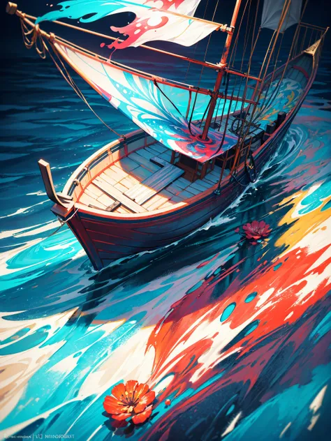 (splash art:1.2), Floral oil painting, Ink dripping, Fortnite style, 1 beautiful navigator, Boat, sea, (Colorful ink splatter style:1.5), (extremely colorful, best quality, detailed details, masterpiece, official art, Lighting effects, 8K, chiaroscuro)