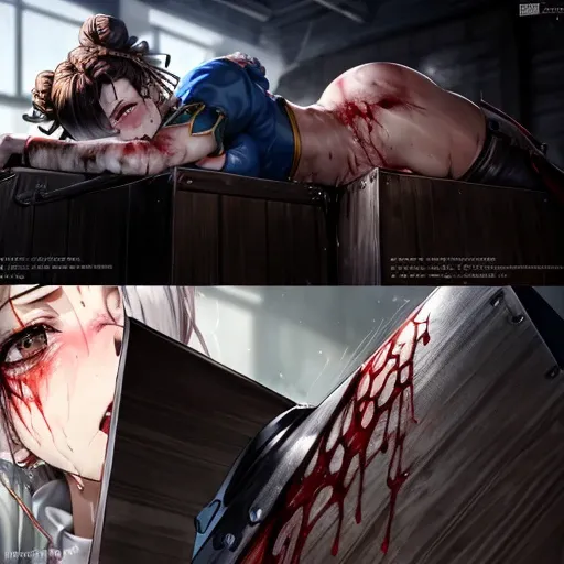 1girl, extremely quality, extremely detailed, master piece, extremely detailed  face, 4K, photo  realistic, accurate depiction of the human body, NSFW, violence, gore, sf2 chun, two bun hair, 42yo, beaten, wounds on body and face, blood splattered on body ...