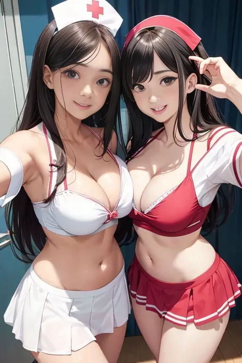 realistic, Selfie of two girls, close contact with both breasts,, bikini、off shoulder、nurse uniform、uniform、micro mini skirt、Thigh emphasis、cleavage emphasis、Lower milk is visible、Side breasts are visible、big breasts, upper grade、smile、mouth open、The belly...