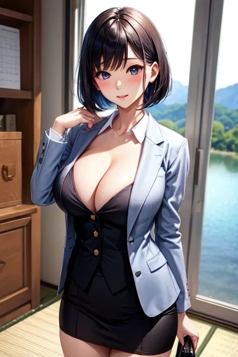 big breasts、female teacher、masterpiece、sexy、Fair skin、japanese、black hair bob、valley、Clothes、suit、lure